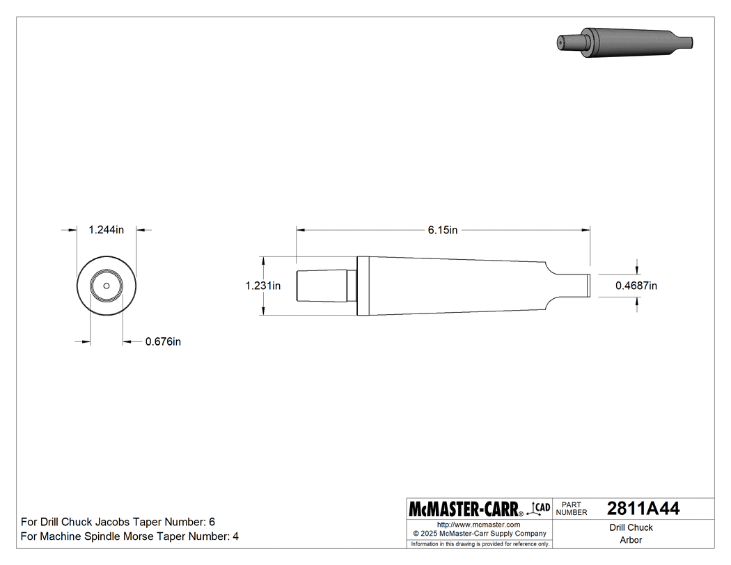 Technical Drawing of Drill Chuck Arbor, for Number 4 Morse x Number 6 Jacobs, 6-5/32" Long, US Origin.